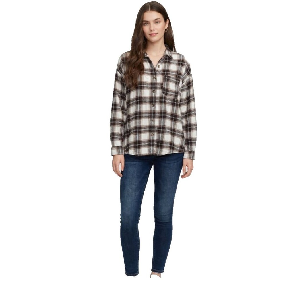 Garage Brown Plaid Flannel Shirt XS/S Cream Brown Button Up Oversized Womens